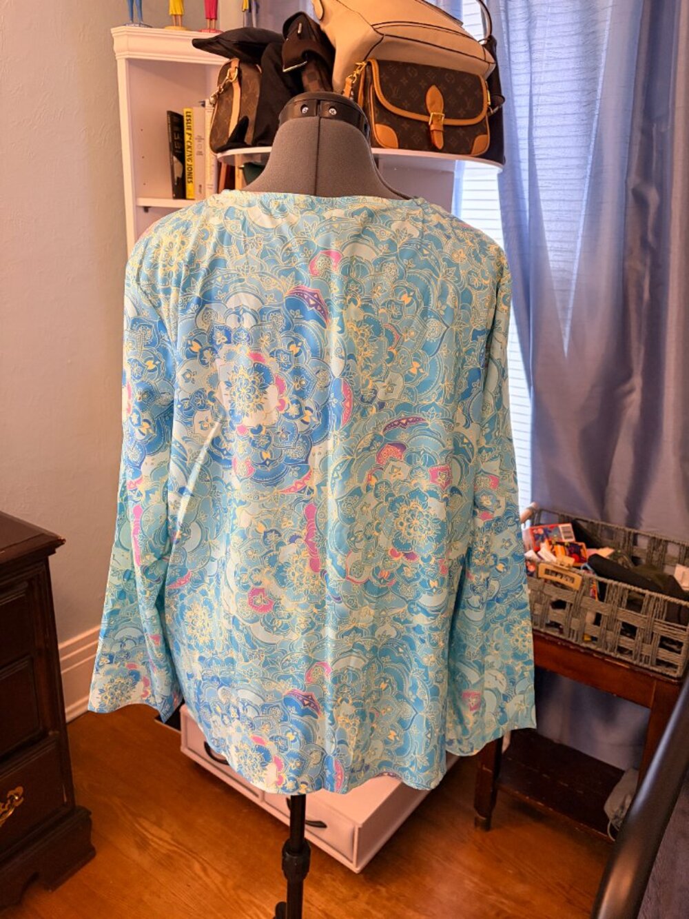 Blue Paisley Mandala Tunic XXL Long Sleeve Lightweight Boho Blouse Resortwear - Picture 2 of 10